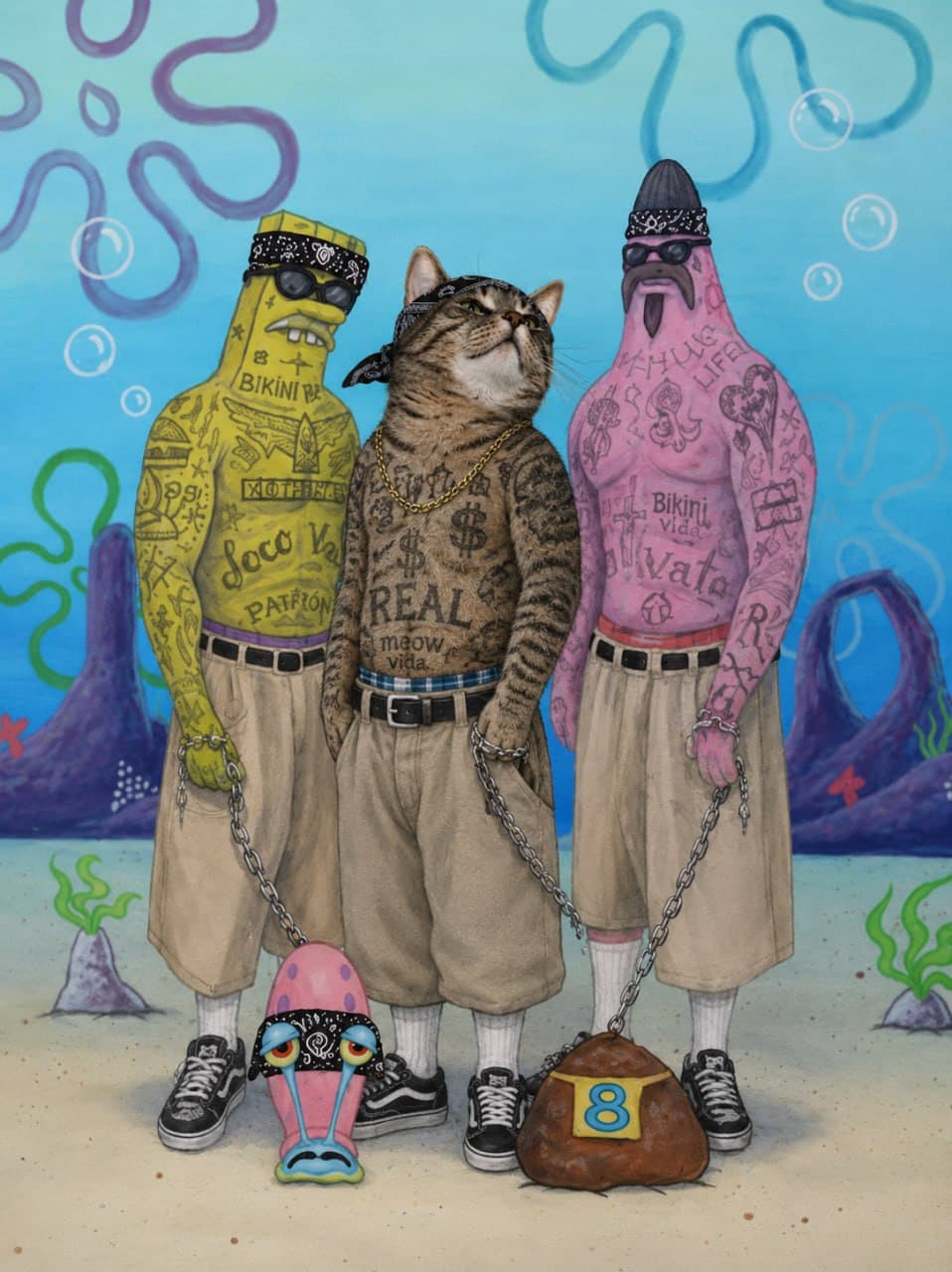 REAL, tattooed, standing beside painted versions of SpongeBob and Patrick.