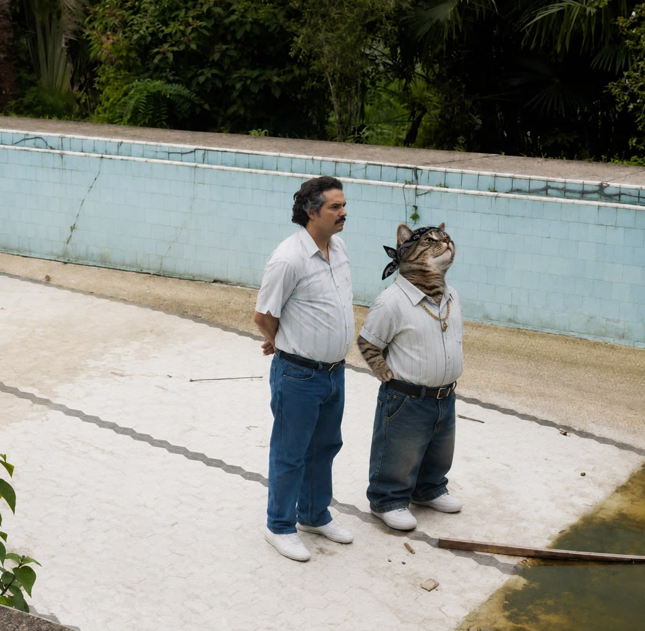 REAL standing beside an old pool with an associate.
