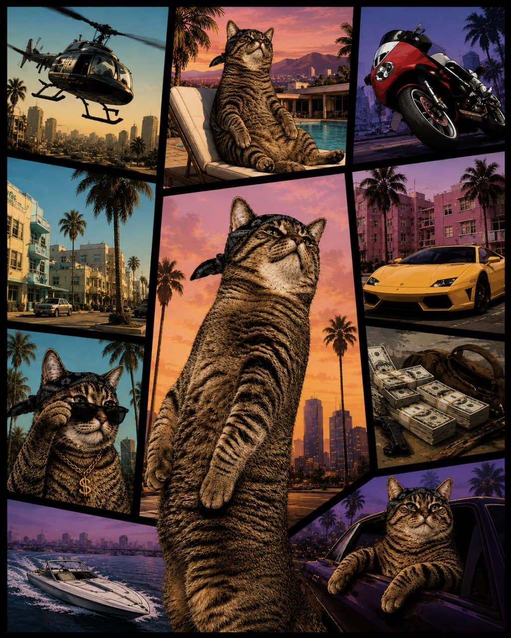 Collage of REAL's life: helicopters, a Lamborghini, cash, a boat, palm trees.