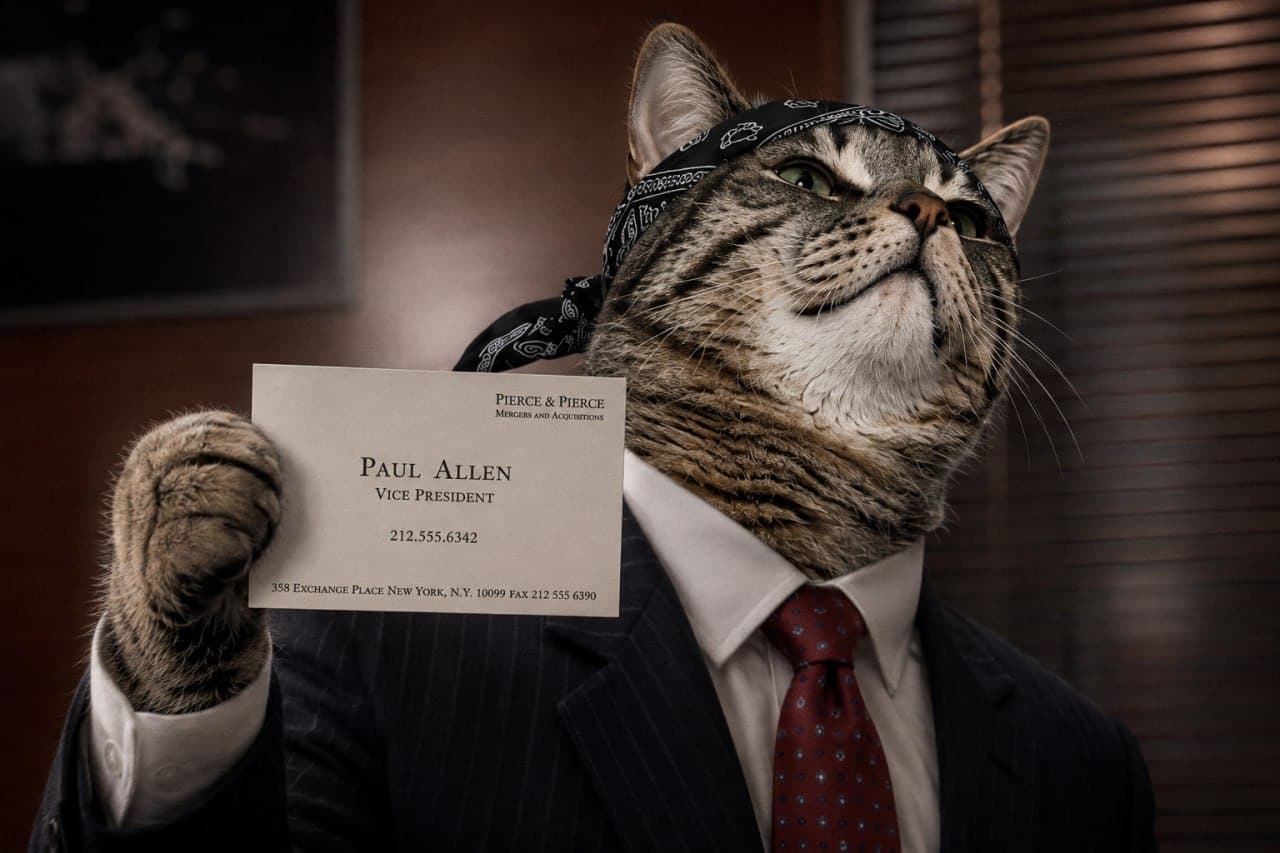 REAL in a pinstripe suit, holding a business card.